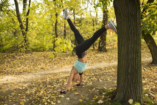 Attractive female athlete exercising in the public park covered with yellow leaves lawn to the tree. Healthy lifestyle concept.
