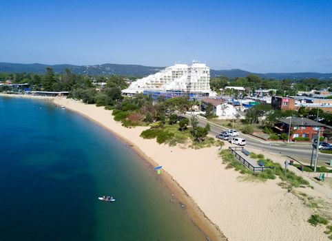 High sweeping iews overlooking the suburb and township of Ettalong and Ettalong Beach on a sunny summer day