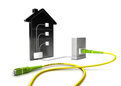 3D illustration of a FTTC network (Fiber to The Curb) for high broadband access over white background