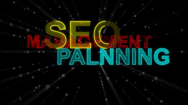 A professional 3d illustration of such concept words as SEO, management and planning. They are blue, yellow and red in the black background. They look encouraging and fine.