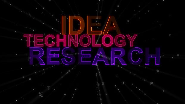 An instructional 3d illustration of such concept words as idea, technology and research. They are orange, purple and violet in the black background. They look really inspirational.