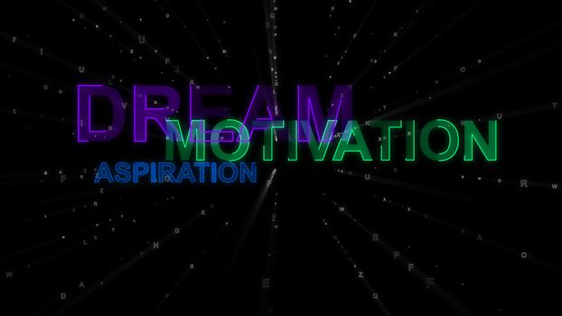 An impressive 3d rendering of such concept words as dream, motivation and aspiration. They are green, blue and violet in the black background. They inspire to achieve goals.