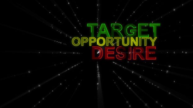 A motivational 3d rendering of such concept words as target, desire and opportunity. They are green, purple and yellow in the spotted black backdrop. They inspire to work hard.