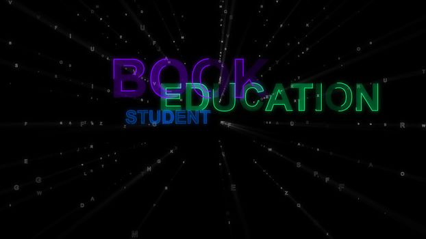 A driving 3d rendering of such concept words as book, education and student. They are green, violet and blue in the spotted black backdrop. They encourage hitting the books.
