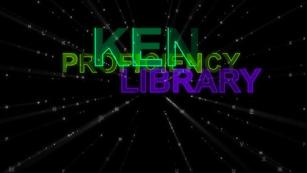 A motivating 3d illustration of such concept words as ken, proficiency and library. They are green, salad and violet in the spotted black backdrop. They inspire to study hard.