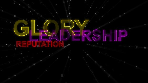 An optimistic 3d rendering of the following inspirational concept words: glory, leadership and reputation. They are yellow, red and violet in the spotted black backdrop. 