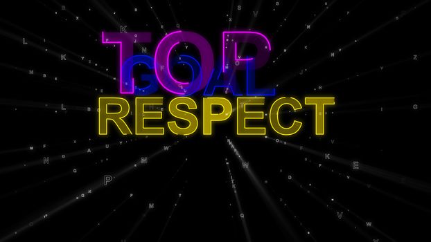 A cheerful 3d rendering of the following encouraging concept words: top, goal and respect. They are yellow, dark blue, and violet in the black background. They look optimistic.
