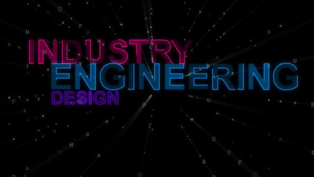 A motivational 3d rendering of such concept words as industry, engineering and design. They are purple, dark blue and violet in the spotted back background. They inspire to work.