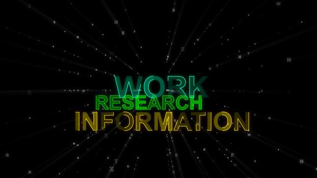 An impressive 3d illustration of such concept words as work, research and information. They are golden, salad and green in the spotted black background. They encourage to work.