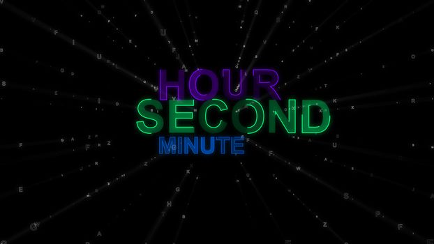 A motivational 3d rendering of such concept words as hour, minute and second. They are violet, blue and green in the spotted black background. They remind about importance of time.