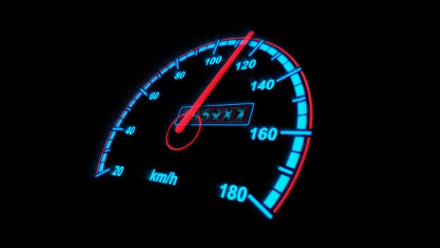 A cheery 3d rendering of a bright european speedometer placed aslant for a dashboard indicating kilometers per hour in the black background. It has blue numbers and a red arrow.