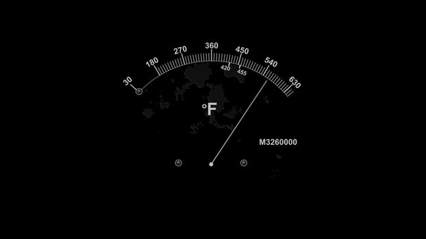 A vintage 3d illustration of a temperature gauge with a white long arrow and two indicating white lines with high numbers and Fahrenheit symbol in the black background.