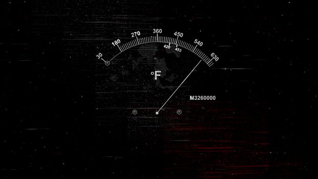 A retro 3d rendering of a temperature gauge with a white long arrow and two indicating white lines with high digits and Fahrenheit sign in the black background with red lines.