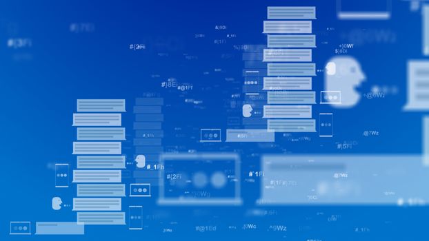 An impressive 3d rendering of abstract messages in the forms of books, files, screens and spots in the light blue background. White heads look through the digital texts.