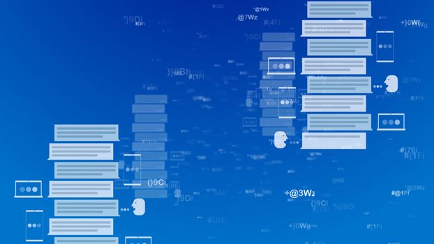 A cyberspace 3d illustration of email messages in the forms of books, files, piles and dots in the light blue background. Head profiles estimate the digital formulas and texts.