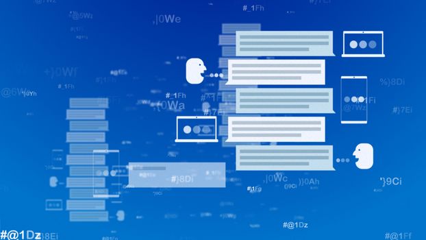 A computer graphics 3d rendering of email messages in the forms of books, files, packs and spots in the light blue background. Head images read the digital information.