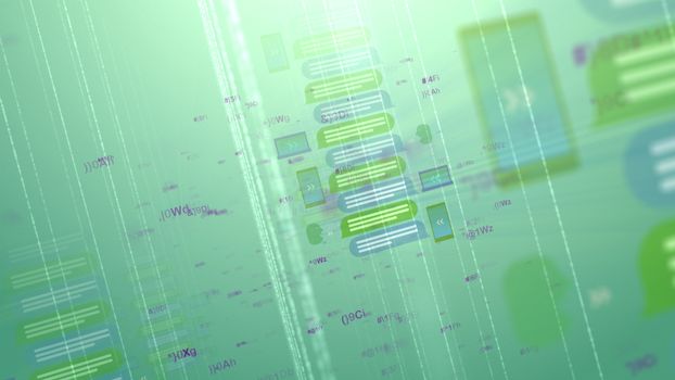 An impressive 3d illustration of cyber messages in the forms of screens and files with several lines stockpiled on each other in the grey-blue background. They are put aslant.