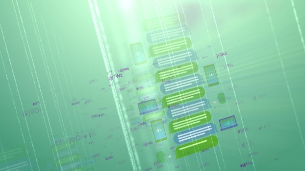 A stunning 3d rendering of a cyber map with messages looking like screens, digits and files with several lines stockpiled on each other in the grey-green background. 