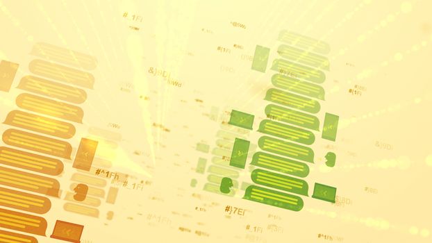 An advanced 3d rendering of brown and green email messages in the forms of screens and files with three yellow lines placed on each other in the white background put askew.