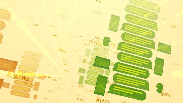 A volumetric 3d illustration of brown and green email messages in the forms of signs, symbols, files with three yellow stripes imposed on each other in the white backdrop put askew.