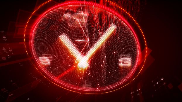 An amazing 3d illustration of an oval purple clock with sparkling pixilated arrows showing five minutes past eleven. The spherical screen creates a cheerful mood.