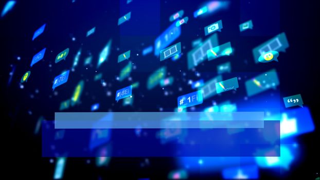 An impressive 3d rendering of flying social bubbles in the form of photos, texts, signs and symbols in the light blue background. Social networking is an important thing.