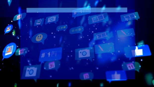 An optimistic 3d illustration of moving social bubbles in the form of photos, emoticons, texts, thumb ups, other signs in the light blue background. Social networking is funny.