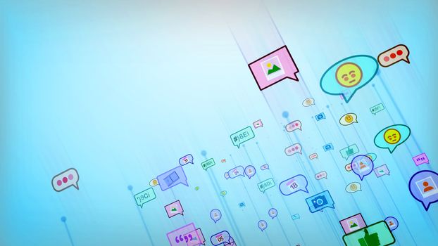 An optimistic 3d illustration of moving social bubbles in the form of photo, emoticon, smiley, text, dates, quotes in the celeste background. Social networking is cheerful.