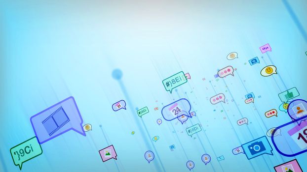 A jolly 3d rendering of advancing social bubbles in the form of photo, emoticon, smiley, thumb up, text, dates, dots, quotes in the celeste background. Social networking is optimistic.