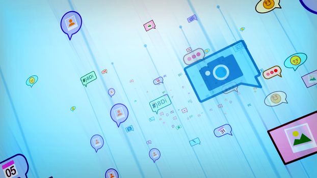 A joyful 3d illustration of flying multicolored social bubbles in the form of photo, emoticon, smiley, thumb up, dates, dots, quotes in the blue background. They are funny.