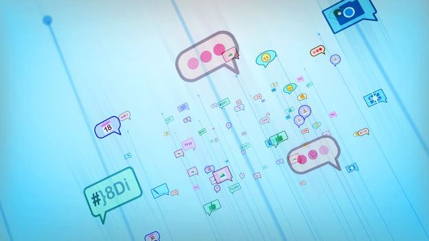 A cheery 3d illustration of soaring multicolored social bubbles in the form of photos, emoticons, thumb ups, dates, pens, dots, quotes in the celeste background. They are optimistic.