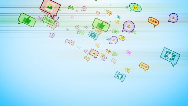 An optimistic 3d rendering of cyberspace multicolored social bubbles in the form of photos, emoticons, thumb ups, dates, pens, dots, flying aslant in the celeste background. 