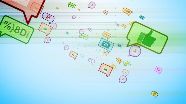 A cheerful 3d illustration of cyberspace colorful social bubbles in the form of photos, emoticons, thumb ups, dates, pens, dots, flying diagonally in the cyan background. 