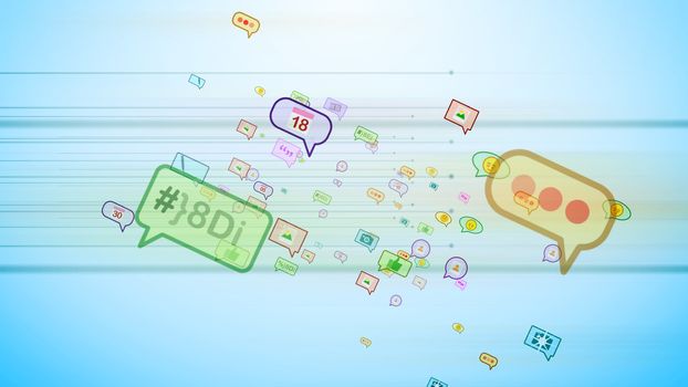 A positive 3d illustration of big and small colorful social bubbles in the form of pictures, emoticons, thumb ups, dates, quotes, flying askew in the cyan net background 