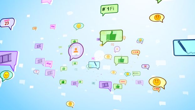 A merry 3d rendering of big and small multicolored social bubbles with tapes, images, emoticons, thumb ups, dates, quotes, spots, flying up in the celeste background. 