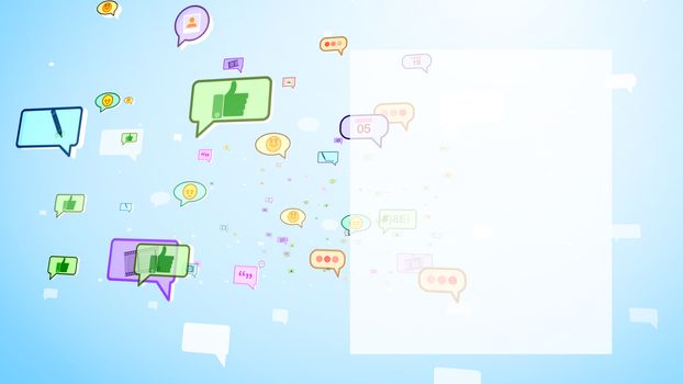 A cheerful 3d illustration of big and small multicolored social bubbles with tapes, images, emoticons, thumb ups, dates, spots, flying up in the celeste and white backdrop. 