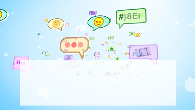 A jolly 3d illustration of big and small yellow, red and green social bubbles with tapes, images, emoticons, thumb ups, pens, spots, moving up in the blue and white background. 
