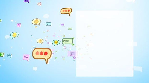 A joyful 3d rendering of big and small yellow, red and green social bubbles with tapes, images, emoticons, thumb ups, dates, spots, flying up in the blue and white background. 