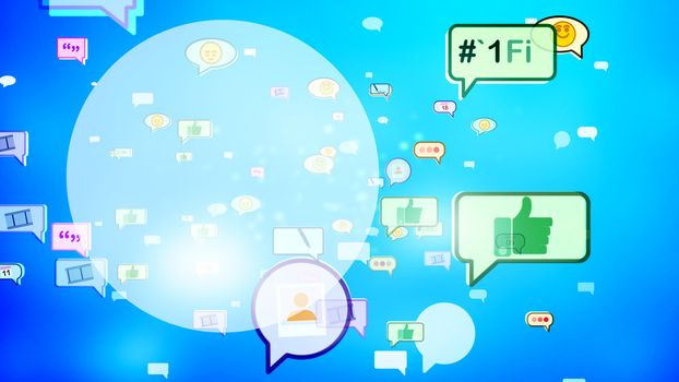 A positive 3d illustration of spherical, round and rectangular social bubbles of red, green and yellow colors with images, emoticons, thumb ups, in the blue and white backdrop. 