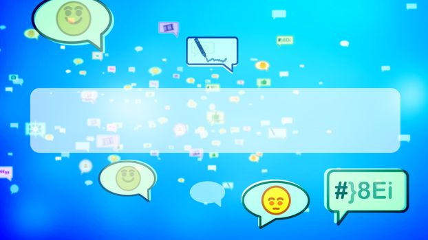 A hilarious 3d rendering of big spherical social bubbles with yellow emoticons smiling happily because of cheery communication in the blue backdrop with a white stripe. 