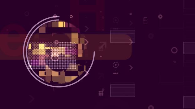 A fantastic 3d rendering of colorful technological cubes forming some round sphere and the rigid network of white circles in the dark violet background.