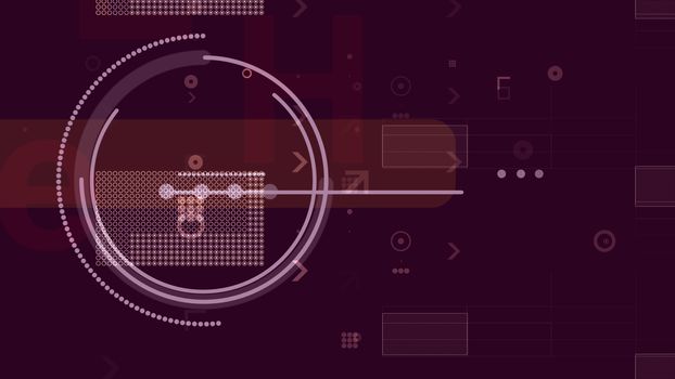 A hi-tech 3d illustration of colorful technological rectangles, stripes and arrows forming some structures and the grid of white spots in the dark violet background.