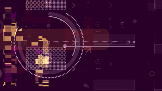A robotic 3d rendering of golden and yellow technological cubes forming some round sphere and the rigid lattice of white dots in the dark violet background.