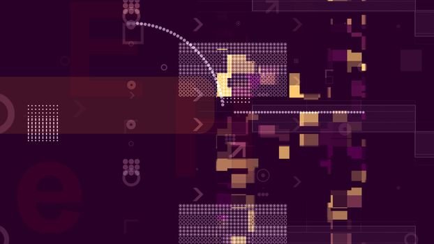 A modern art 3d illustration of colorful technological squares, lines and letters composing some structures and the purple rectangular stripe in the dark violet background.