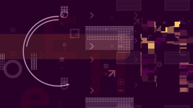A pop art 3d rendering of colorful technological squares, circles and arrows composing some structures and the wide purple stripe in the dark violet background.