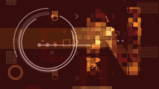 A volumetric 3d illustration of golden technological squares, rectangles, stripes, circles and arrows composing some structures and grids in the dark brown background.
