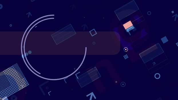 An arty 3d illustration of blue, white and pink technological squares, rectangles, stripes, circles and arrows making some template network in the dark blue background.