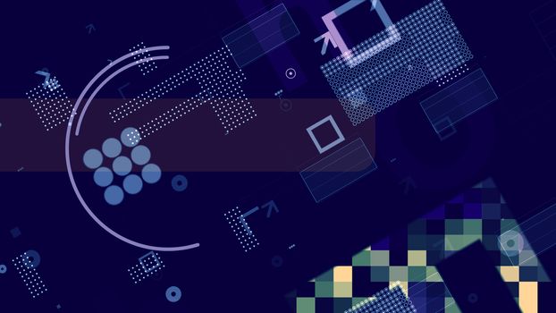 A striking 3d illustration of blue, white and golden techno squares, rectangles, discs, stripes, circles and spots forming some processor placed askew in the blue backdrop.