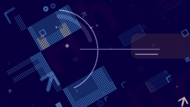 A stunning 3d rendering of blue and white techno squares, rectangles, dots, corners, circles and spots forming some modern processor placed askew in the blue backdrop.
