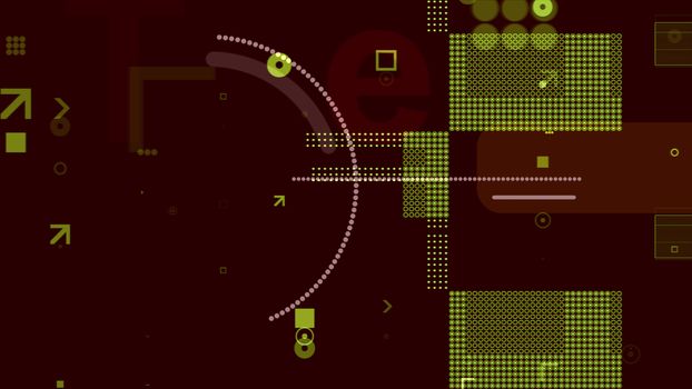 A striking 3d illustration of yellow and white techno squares, rectangles, dots, arrows, circles and spots forming some innovative motherboard in the brown background.